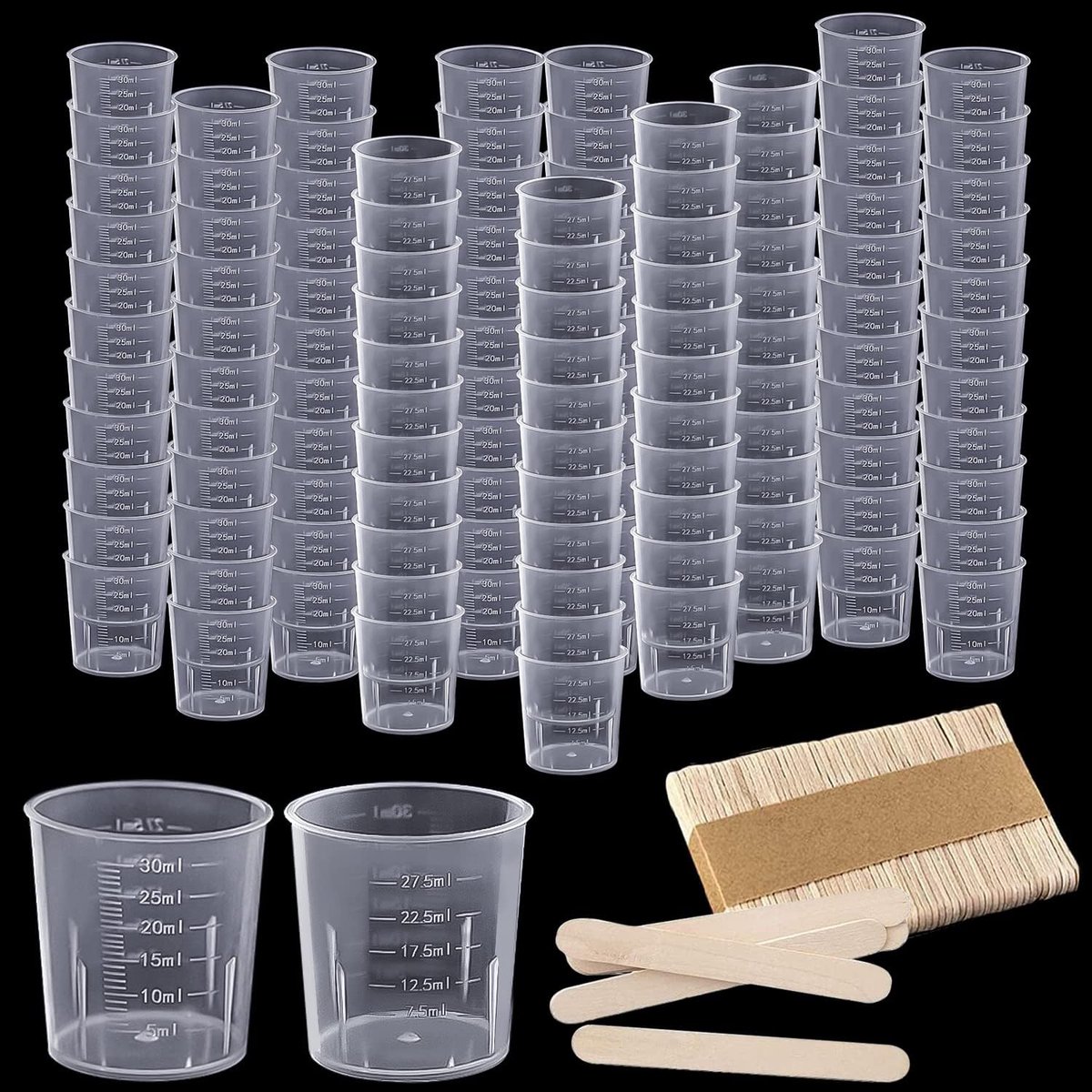 Thijox - Maatbeker Mengbeker 80 Stuks Kunststof 30 ml Transparant met 80 Houten Stokjes voor Verf, Laboratorium, Koken en Schilderaccessoires