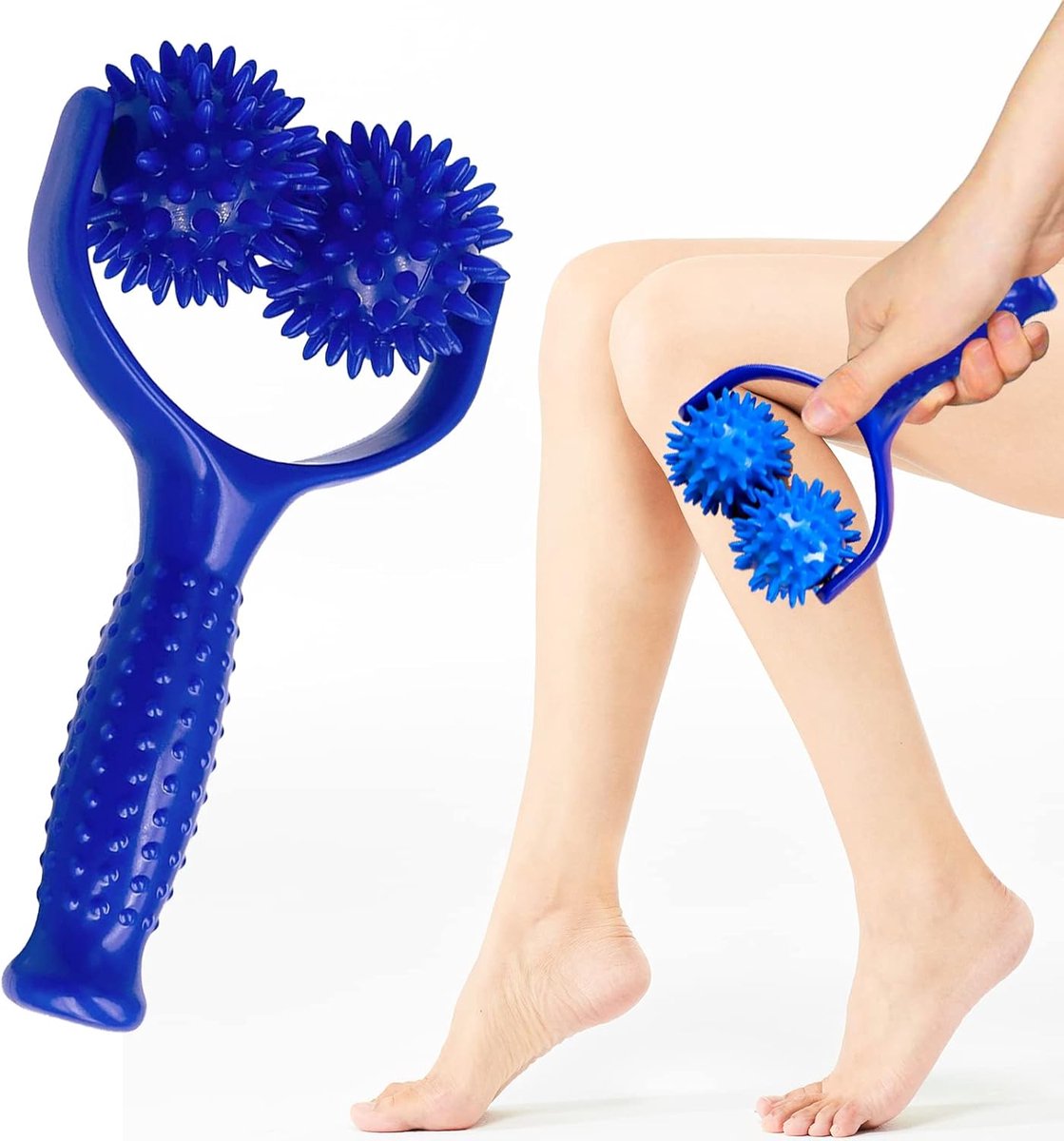 Thijox - Massagebal massagerol met handvat, egelmassagebal, massageapparaat voor rug, benen, voeten en handen, PVC, 2 stuks, blauw, ideaal voor spierp