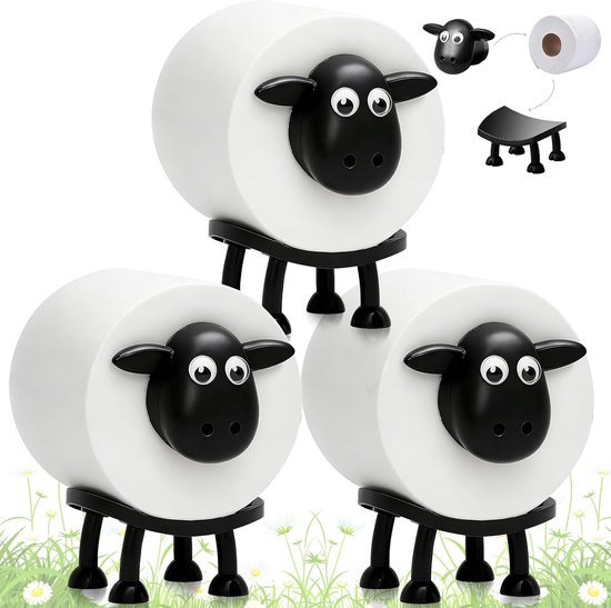 Drie witte schapenhouders met zwarte gezichten en poten, gehouden in een witte, ronde vorm.