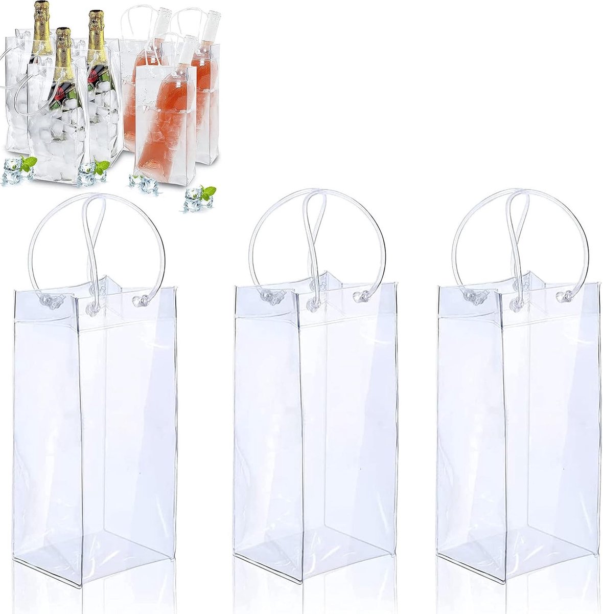Set van 3 Lekvrije IJszakken, Transparante Koeltas voor Flessen, Ideaal voor Buiten, Restaurants en Thuisgebruik