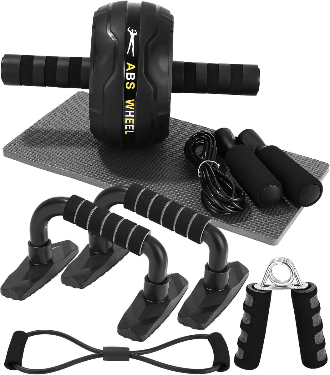 Thijox - Buikroller Fitnessset met Kniekussen, Springtouw, Push-up Handgrepen en Figuur 8 Fitnessbanden - Ideaal voor Thuis Workout, Buikspiertrainer