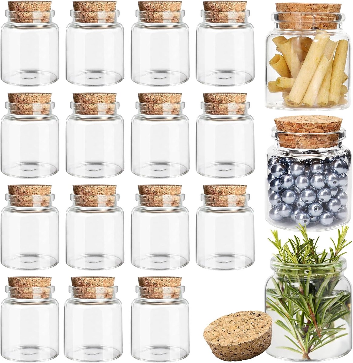 Thijox - 15 stuks 50 ml glazen potten met kurkstops, mini-opslagflessen voor bruiloften, feest, DIY ambachten, 45 mm x 53 mm, heldere flessen