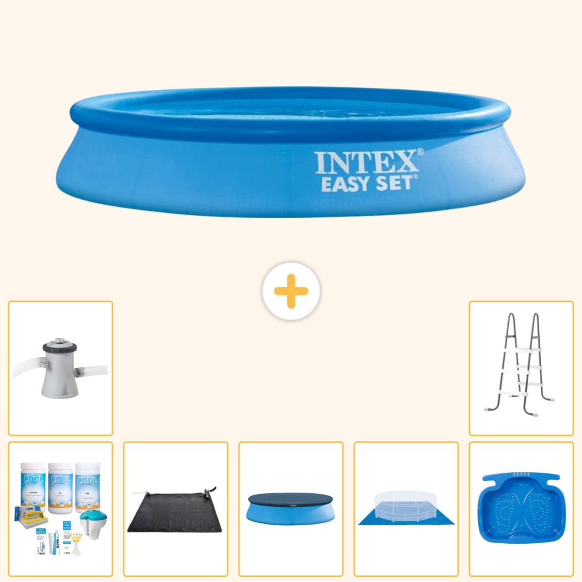 Intex Rond Opblaasbaar Easy Set Zwembad - 305 x 61 cm - Blauw - Inclusief Onderhoudspakket - Solar Mat - Afdekzeil - Grondzeil - Zwembadfilterpomp - Voetenbad - Ladder - 8-delig
