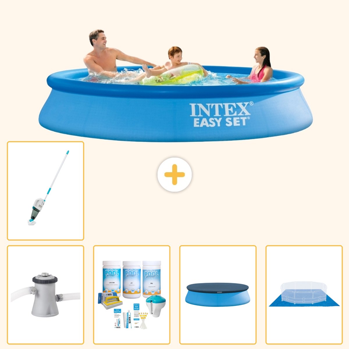 Intex Rond Opblaasbaar Easy Set Zwembad - 305 x 61 cm - Blauw - Inclusief Pomp - Onderhoudspakket - Afdekzeil - Grondzeil - Stofzuiger - 6-delig