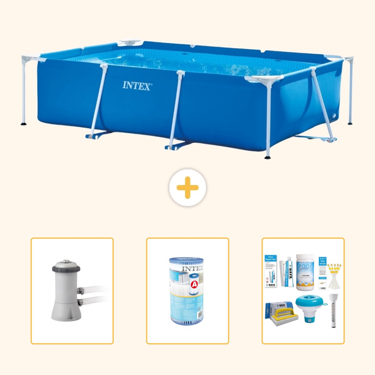Intex Rechthoekig Frame Zwembad - 300 x 200 x 75 cm - Blauw - Inclusief Zwembadfilterpomp - Filter - Onderhoudspakket - 4-delig