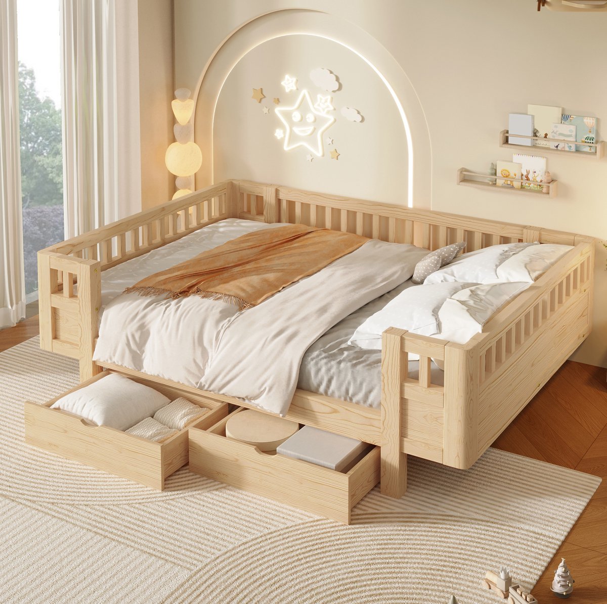 OKWISH Bed 140x200 cm - Hoog Veiligheidshek - Met Twee Opberglades - Kinder- en Jeugdkamer - Hout en MDF - Houtkleur - Zonder Matras