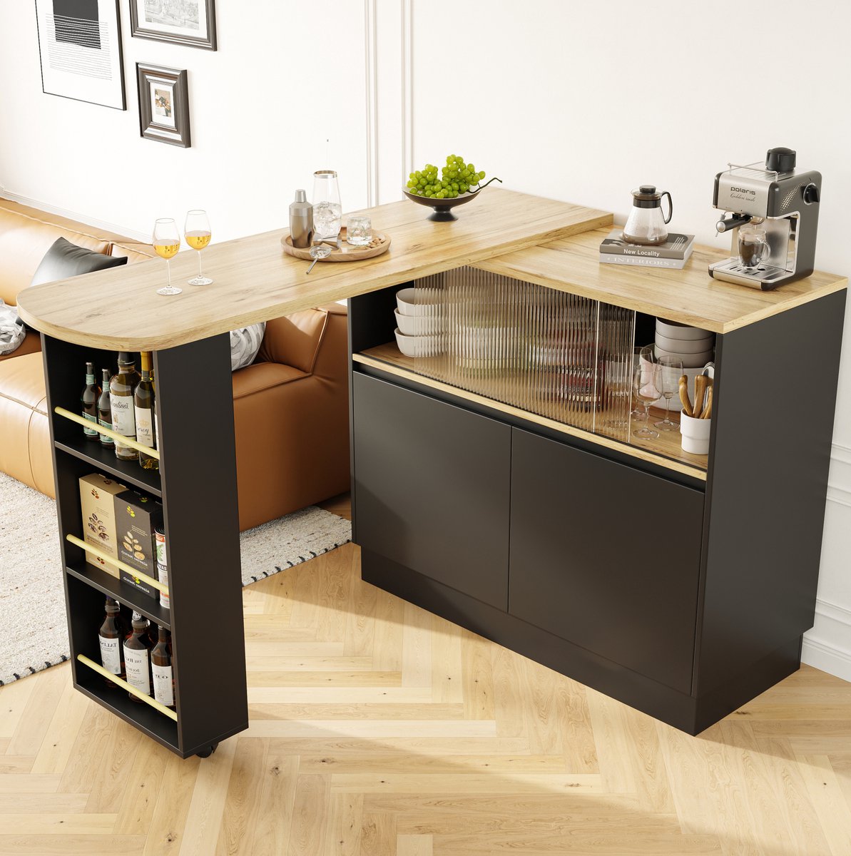 COVREO Keukenkast 90 x 45 x 100 cm - 360 graden draaibaar, glas-schuifdeur, zwart