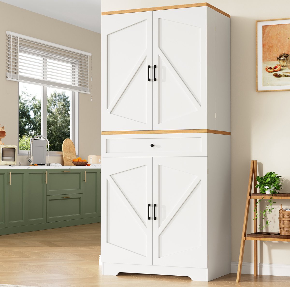 COVREO Keukenkast 80x40x180 cm - hoge opbergkast met lades en open vakken, wit