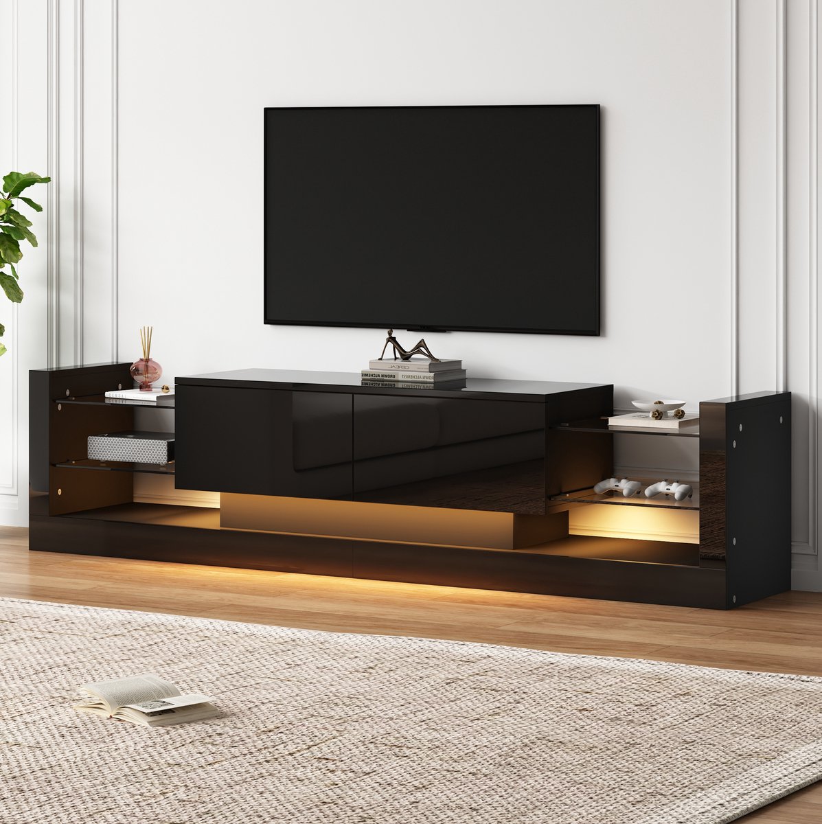 COVREO TV-meubel 181 x 38 x 38 cm - hoogglans, LED-verlichting, glasfront, 2 klapbare lades, zwart