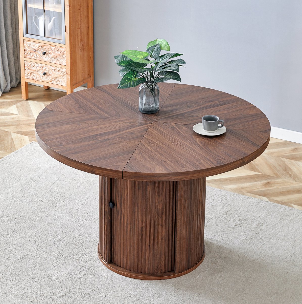 OKWISH Eettafel - Rond Met Opbergruimte In Zuilvoet - Voor 4 Tot 6 Personen - Scandinavische Moderne Stijl - MDF Walnoot - 115 x 74 cm