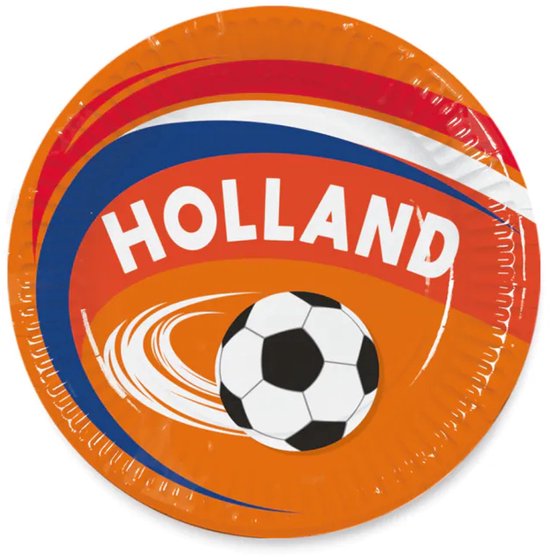 Papieren bord in oranje met een voetbal, rood-wit-blauwe accenten en het woord 'HOLLAND'.