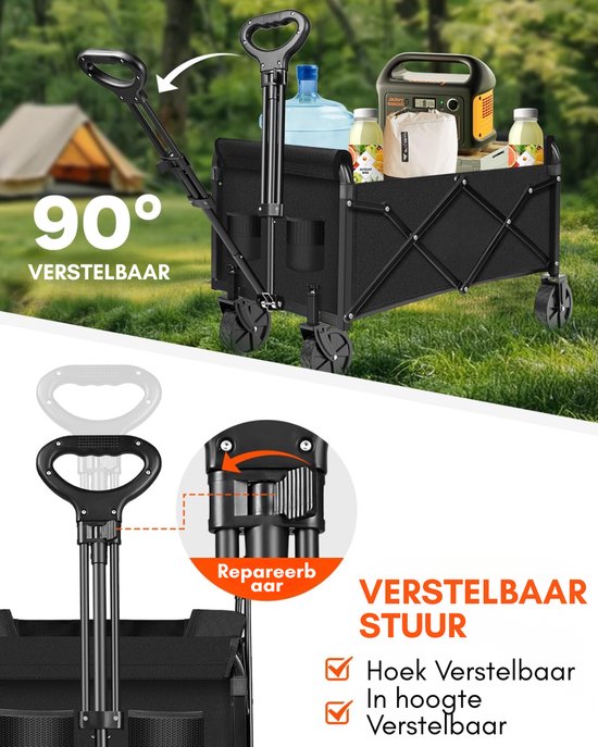 KIRA® Bolderkar Opvouwbaar Luchtbanden - Bolderkar - Bolderwagen - Zwart - 72cm x 48cm x 95cm van Kira — afbeelding 4