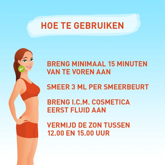 Een vrouw in sportkleding met vinkje. Tekst over hoe te gebruiken, aanbrengen en zon vermijden.