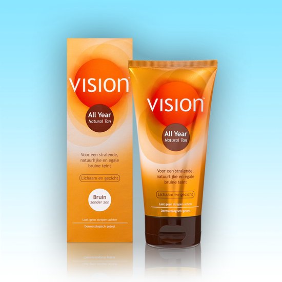 Vision All Year Natural Tan zelfbruiner tube en doosje. Voor een stralende, natuurlijke en egale bruine teint. Bruin zonder zon.