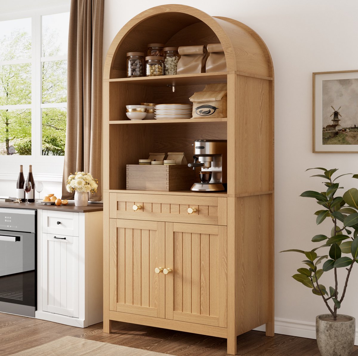 COVREO Keukenkast 76 x 40 x 180 cm - met open vakken, lade, dubbele deuren en kruidenrekken