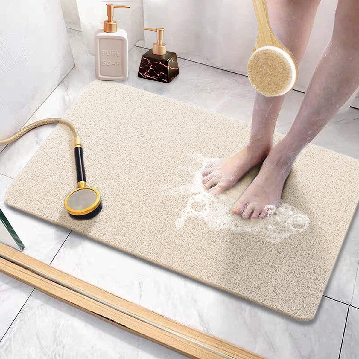 LISM-Antislip, wasbare, 60 x 40 cm, sneldrogende, zachte en comfortabele badmat (beige)