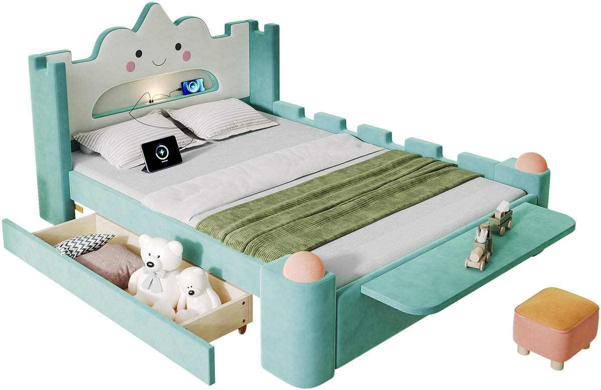 YYchan gestoffeerd kinderbed - blauw - ligmaat 140 x 200 cm - 240 x 172,5 x 106 cm - met kruk - met opbergruimte