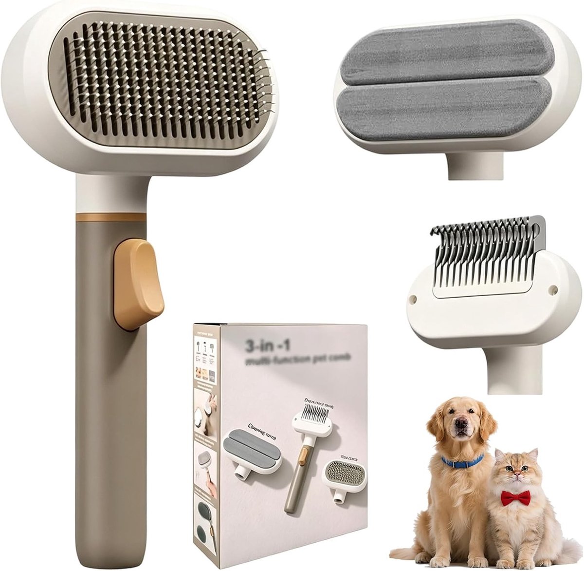 3-in-1 katten- en hondenborstel met ontspanningsknop, ideaal voor lang en kort haar, massageborstel voor huisdieren en haarverwijdering