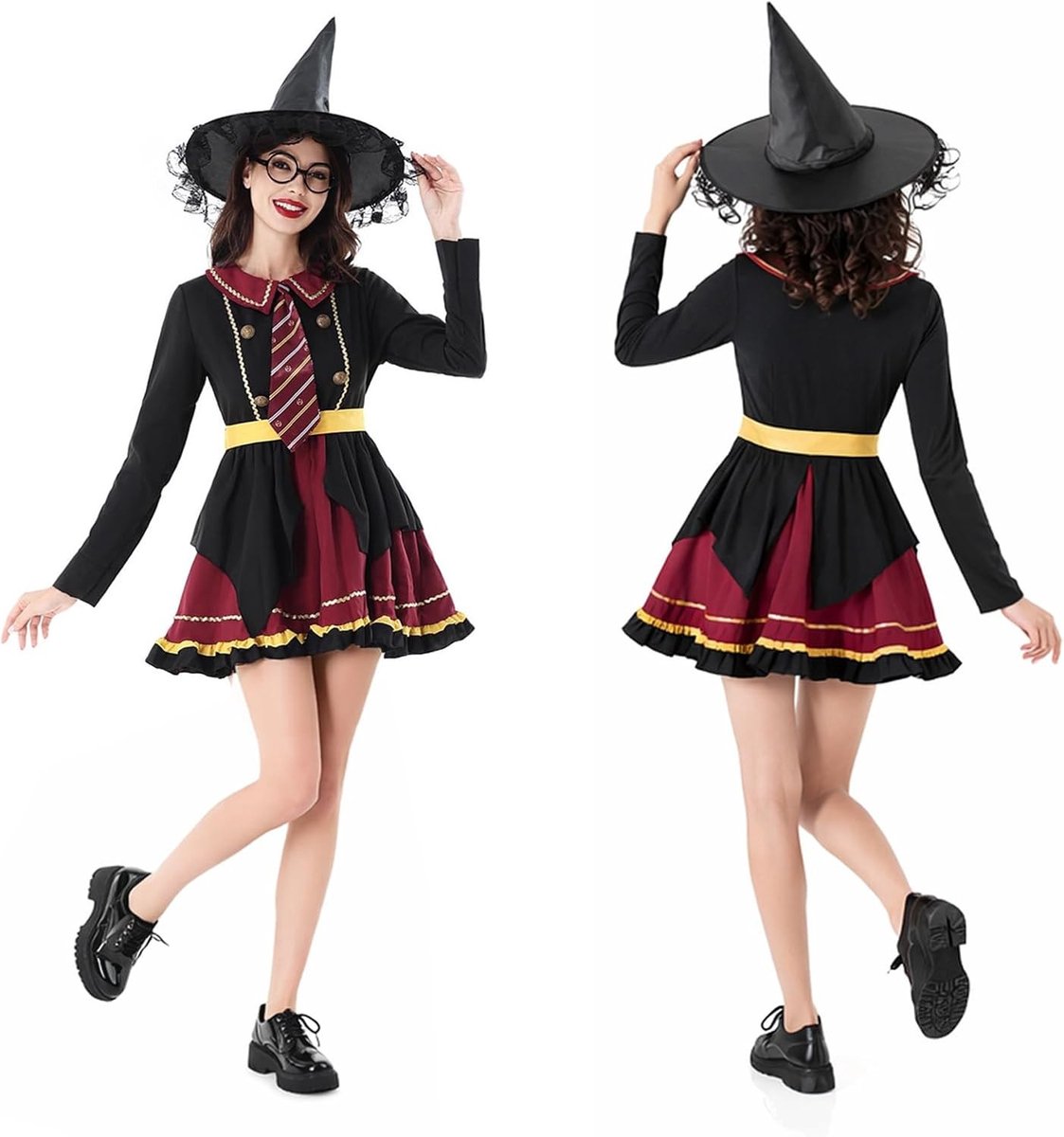 Vrouwelijk Tovenaar Kostuum voor Kinderen met Magische Jurk, Heksenhoed en Accessoires voor Halloween en Cosplay Feesten
