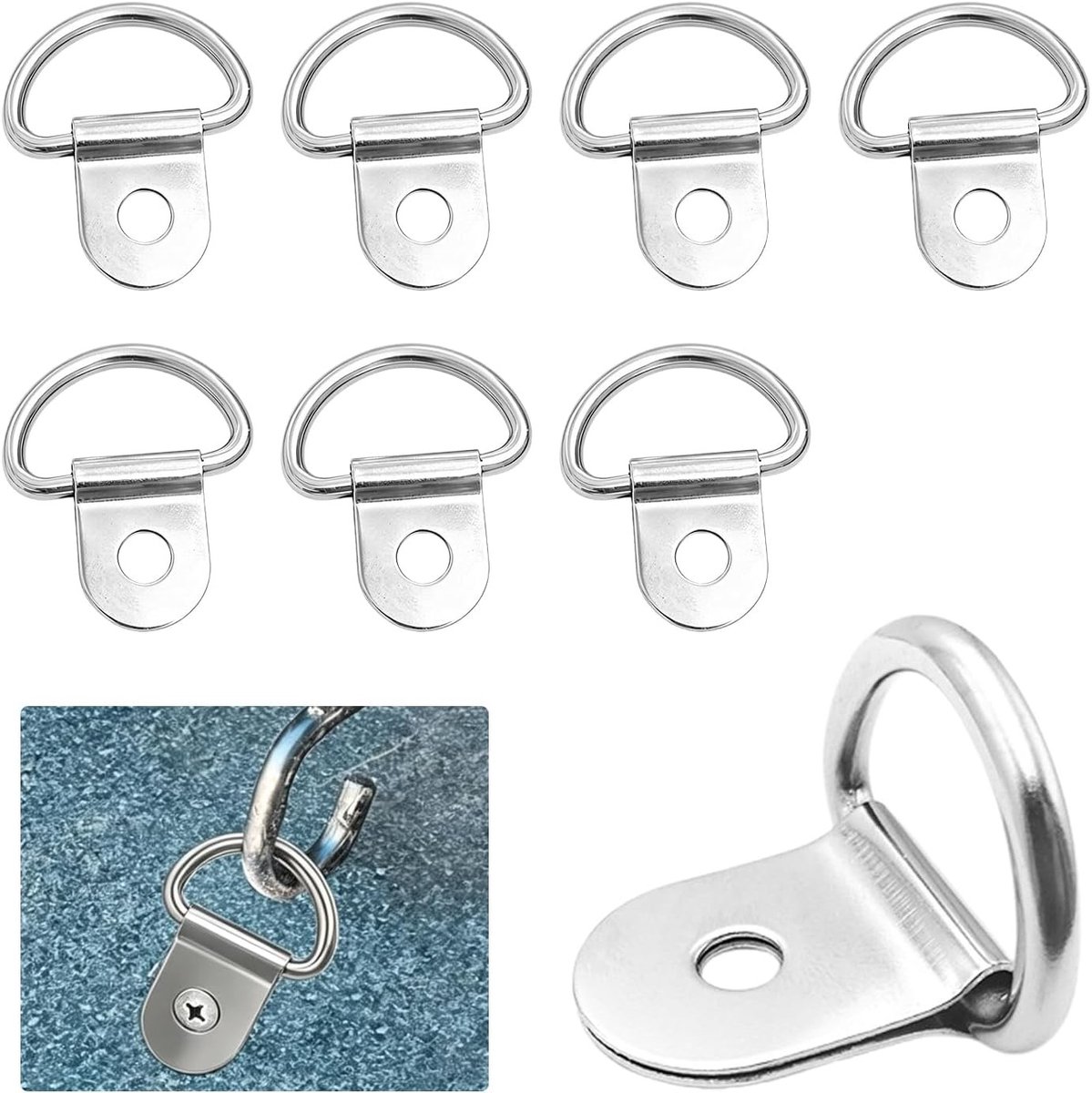 8 Stuks RVS D-Ring Sjorogen voor Aanhangers, Vrachtwagens en Boten - Duurzame Sjorringen met Enkel Gat en 6,5 mm Montagegat, Zilver en Roestvrij staal