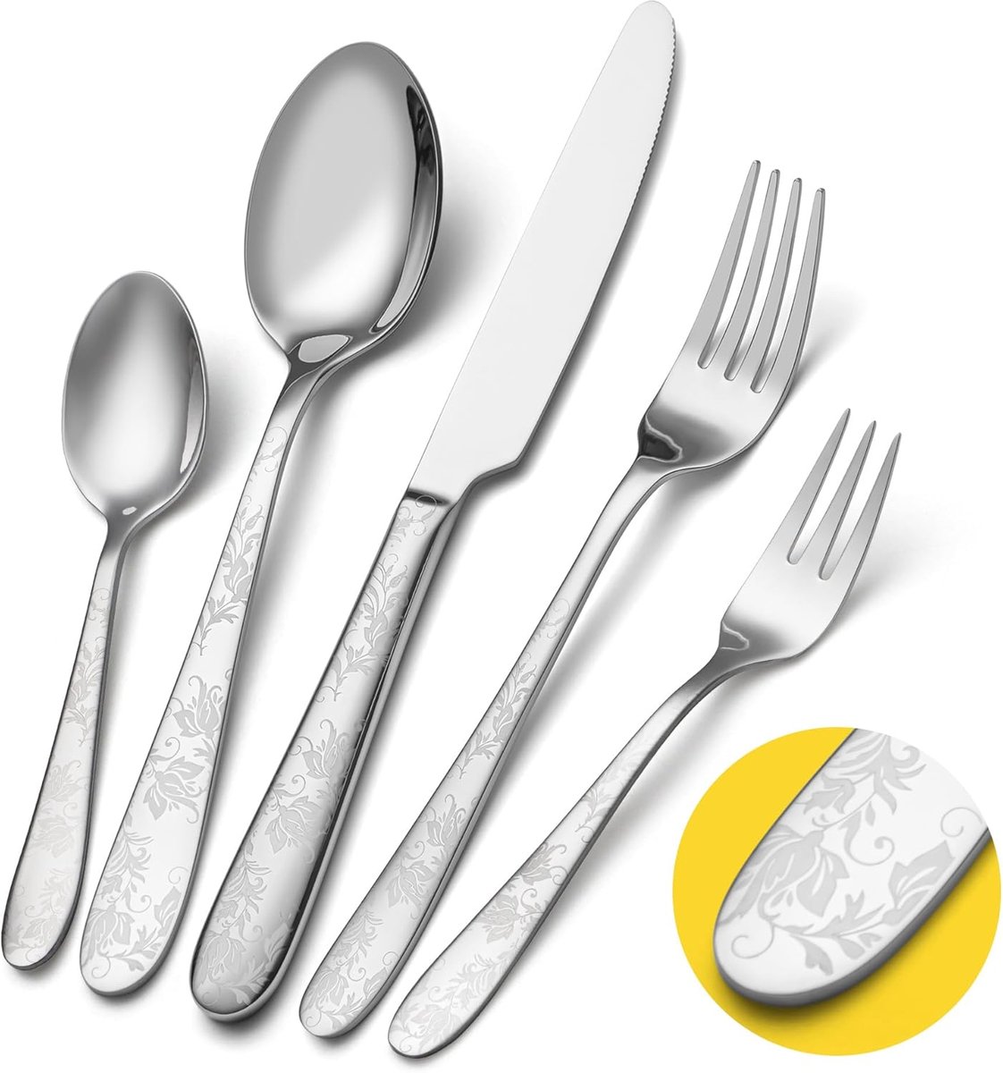 Thijox - Bestekset voor 6 Personen - 30-delige Hoogglans Roestvrij Stalen Bestekset met Elegant Bloemmotief, Vaatwasserbestendig, Perfect voor Feest,