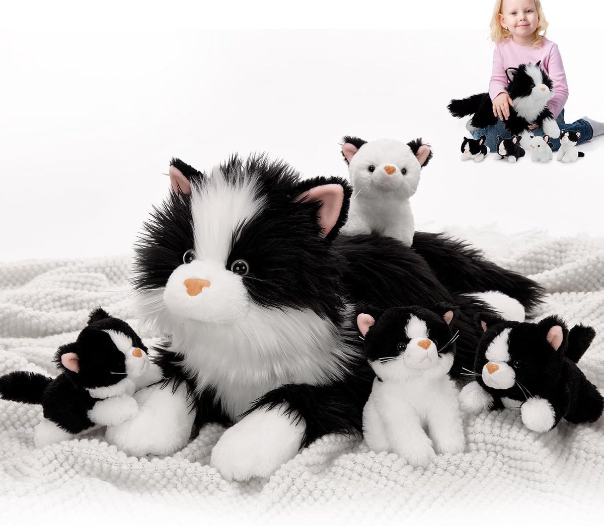 Thijox - Enorme pluche kat XXL 50 cm, zwart-wit met baby's, realistisch en zacht, perfect cadeau voor kinderen, meisjes, jongens, verjaardag en kerstd