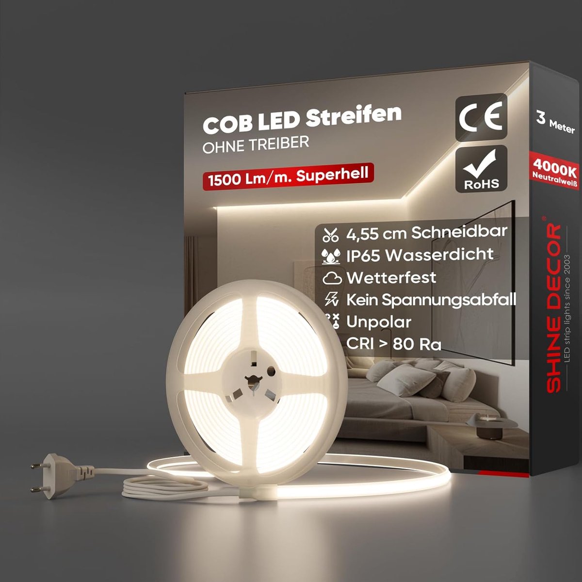 Thijox - Shine Decor COB Ledstrip 3m, Dimbaar, IP65 Waterdicht, SMD2025, 286 LEDs/m, Neutraal Wit, AC 220V, Voor Keuken, Tuin, Feestverlichting