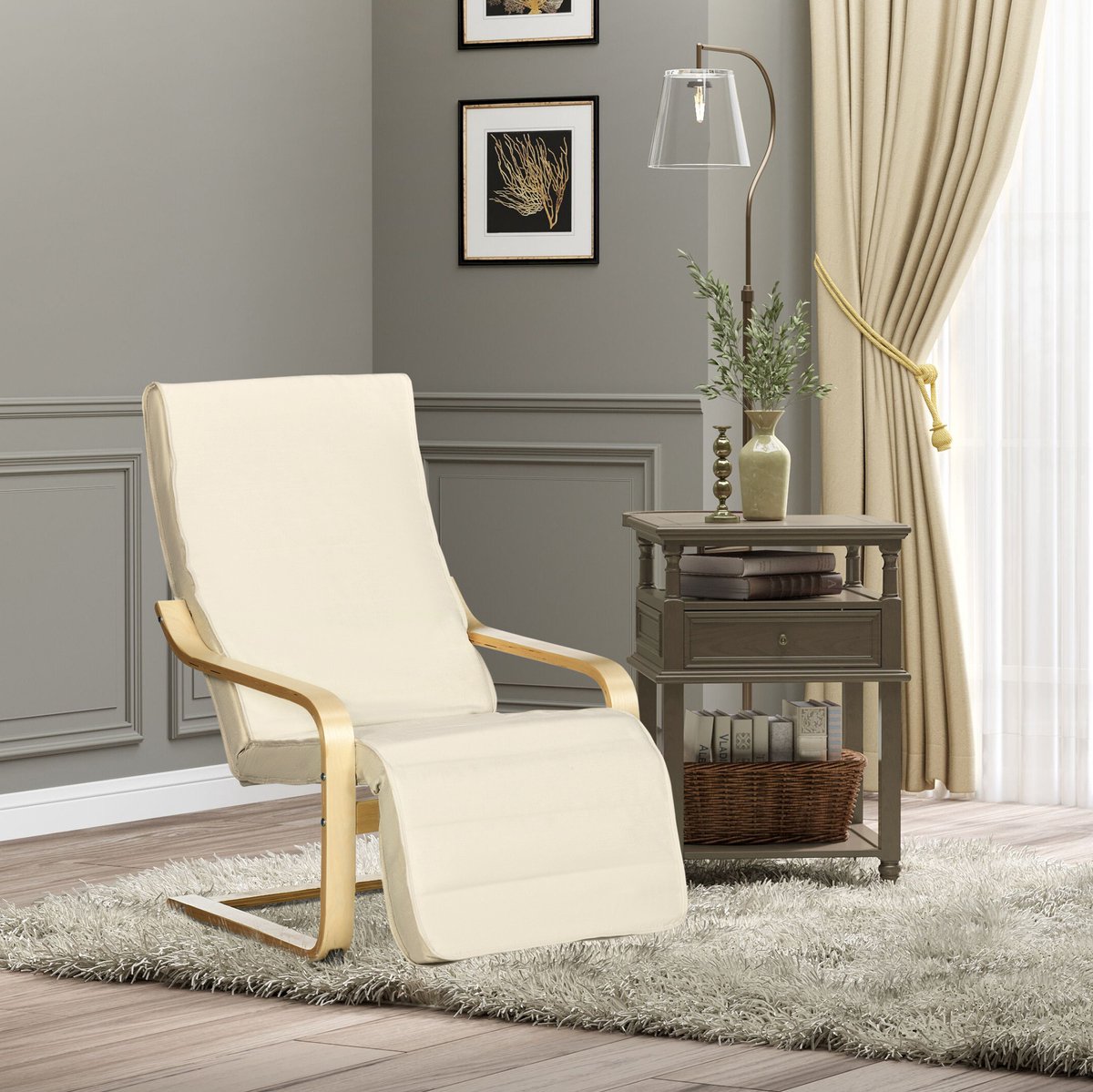 Relaxfauteuil 66,5 x 94 x 100 Cm - Met 5-Standen Verstelbare Voetensteun - Voor Woonkamer En Leeshoek - Stof En Berkenhout - Cremewit