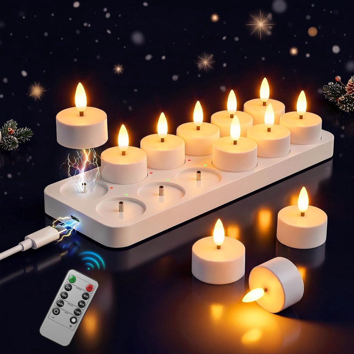SnelShoppen - Oplaadbare LED-theelichten 12 stuks met 3D-vlam, Flikkerende Vlam en Timerfunctie, Warm Wit Licht, Decoratie voor Woonkamers, Feest, Hal