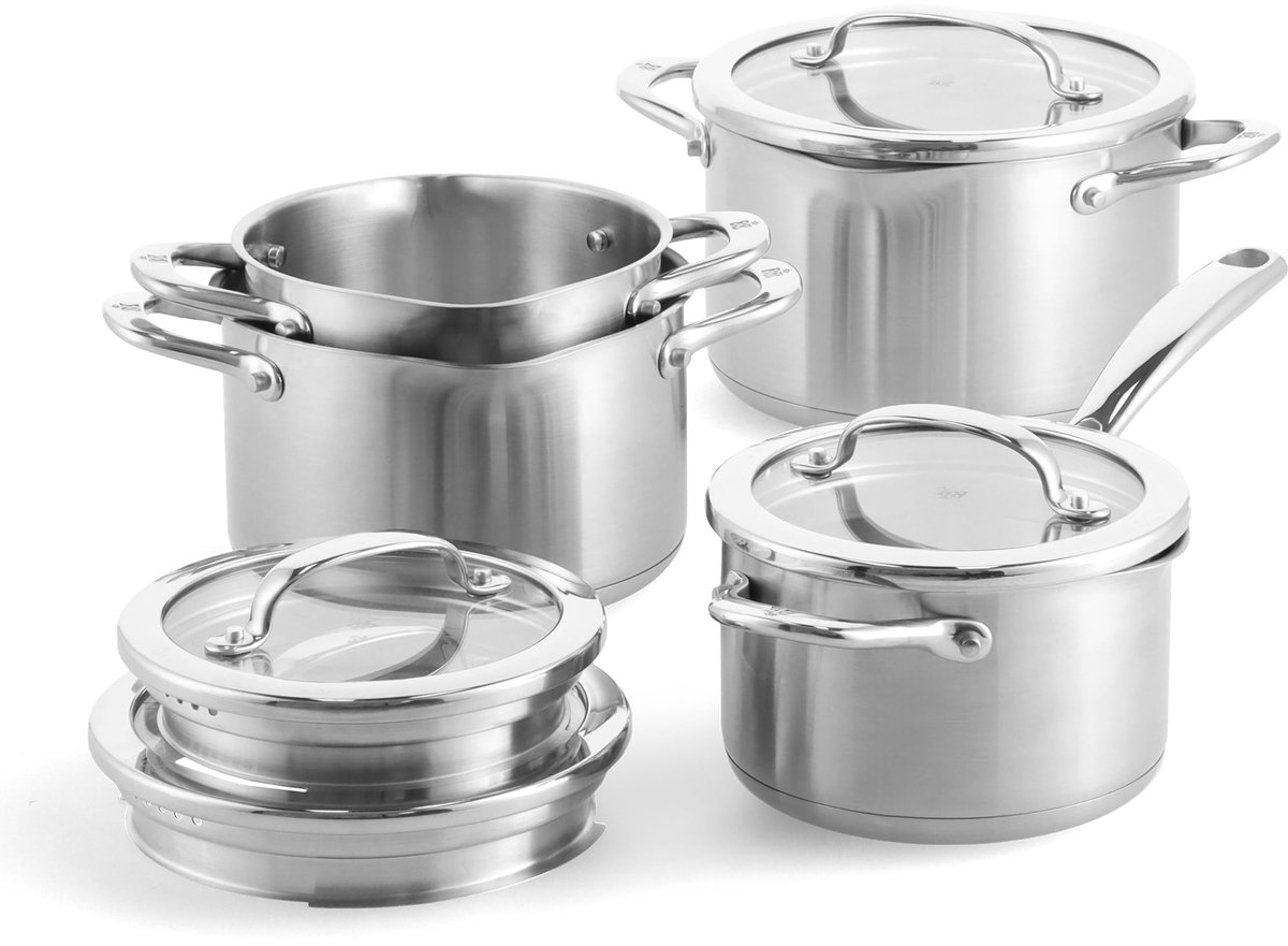 Pannenset 4-delig - roestvrij staal - met deksels - inductie en oven tot 220 °C - ShopVlot