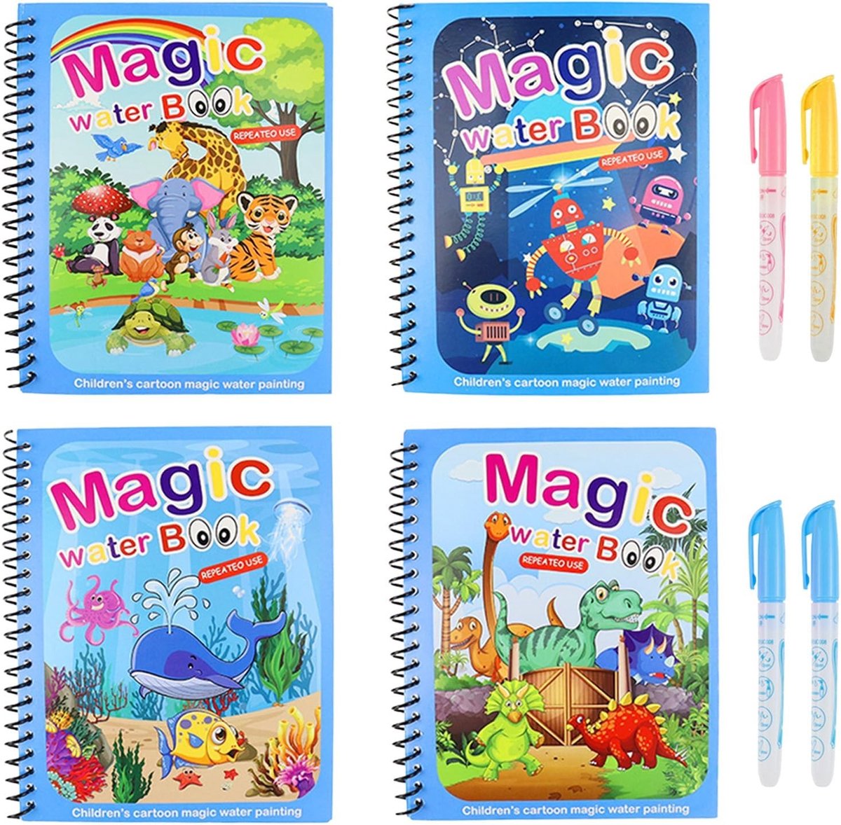 Set van 4 Magische Waterkleurboeken voor Kinderen - Herbruikbare Kleurboeken met Kleurrijke Effecten - Creatief Schilderen Zonder Rommel, Educatief Speelgoed voor Kinderen