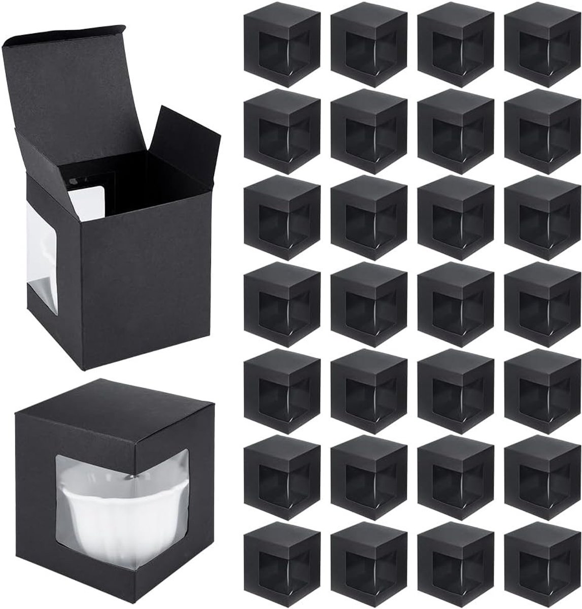 36 Stuks Cadeauboxen voor Geschenken, Zwarte Koffiebakken en Transparante Wijnflesverpakkingen voor 11oz, 12oz en 15oz Cadeaus