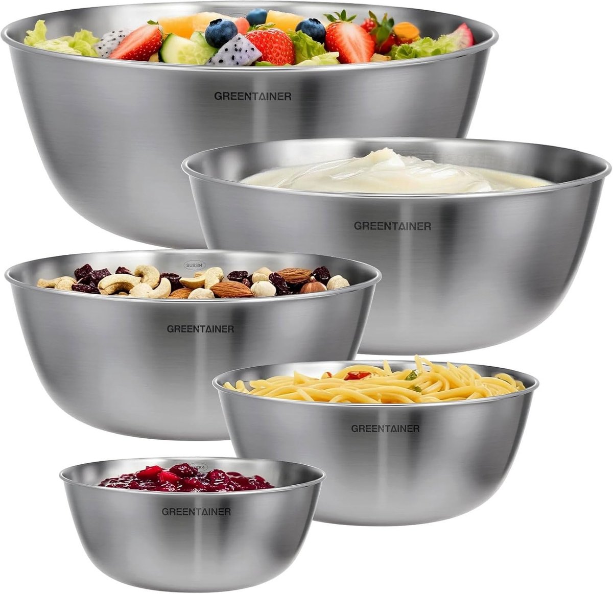 Set van 5 RVS Mengkommen en Saladeschalen - Stapelbare Kommen van 0.8L tot 5.2L, Perfect voor Mixen en Serveren, Duurzaam Keukengerei