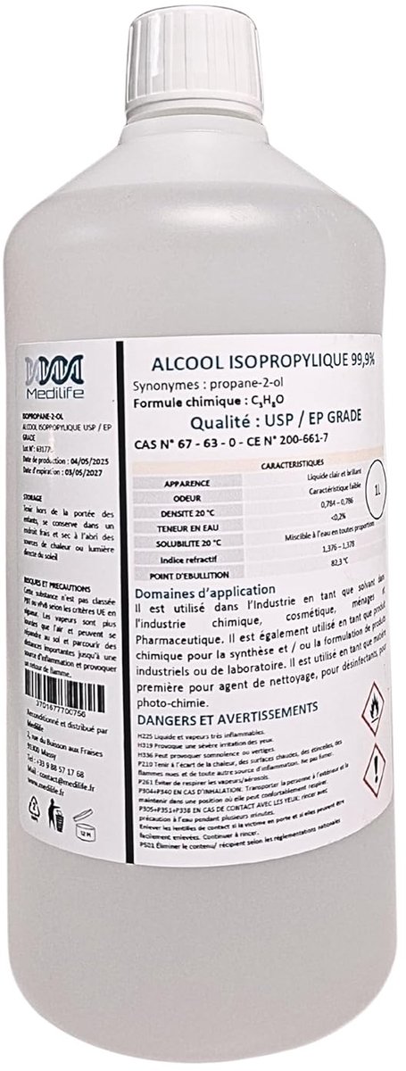 SnelShoppen - 1L Isopropyl Alcohol 99.9% EP/USP Grade - Professionele Reinigingsmiddel, Oplosmiddel en Ontvetter voor Elektronica, Lenzen en Meer