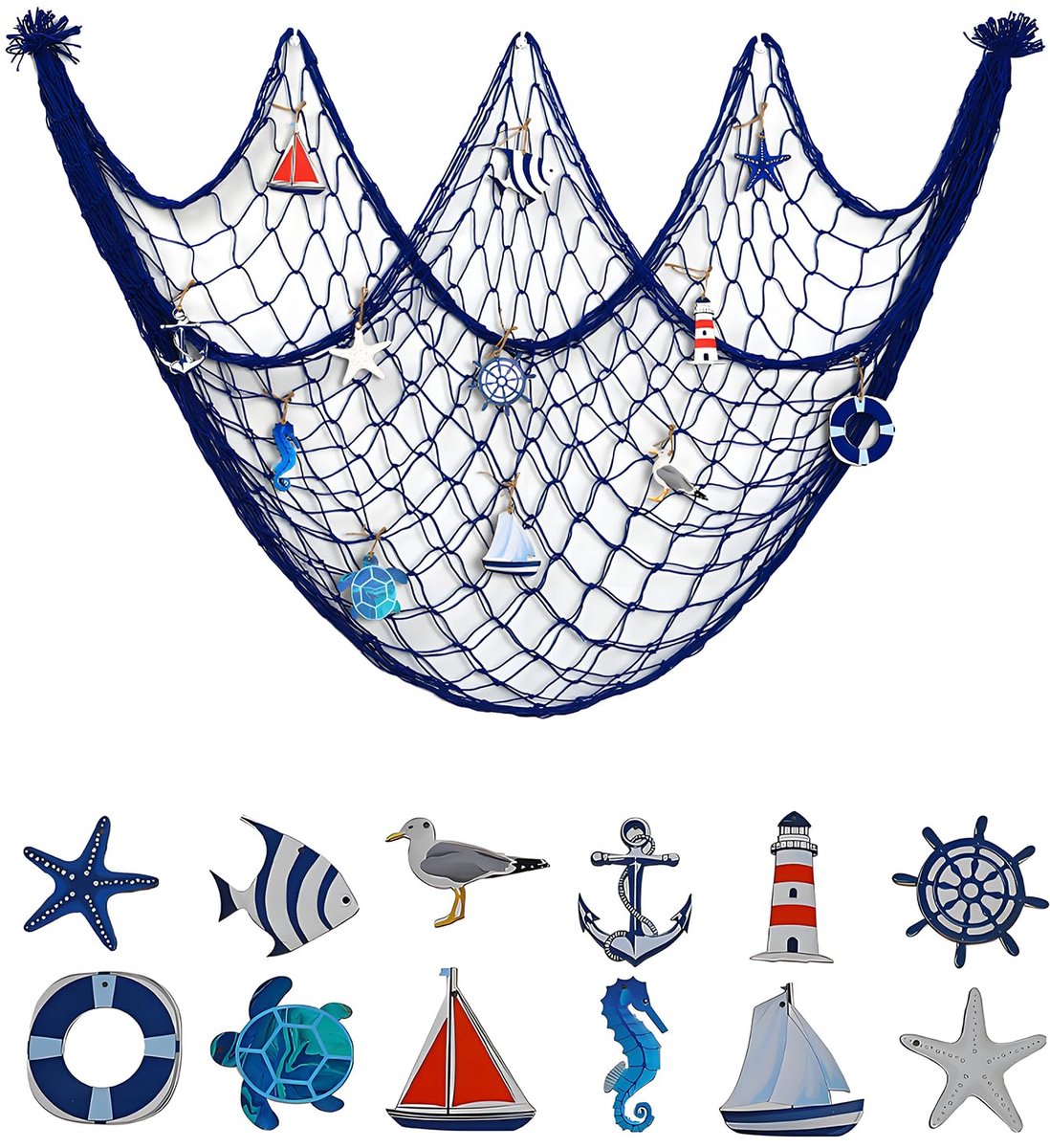 Visnet decoratie 100 x 200 cm - blauw - maritieme stijl - perfect voor strandfeesten - ShopVlot