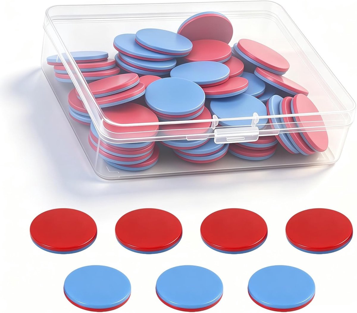 Reversible plastic plates in rood en blauw, 50 stuks, inclusief opbergdoos, ideaal voor rekenen en tellen in de basisschool.