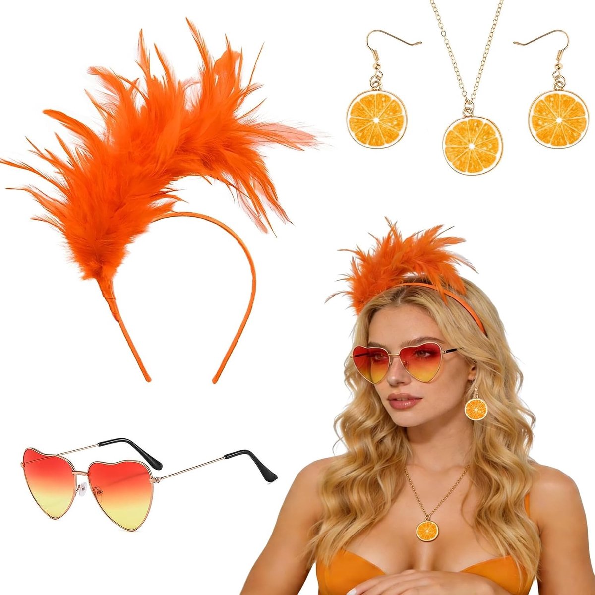 Vrouwelijke Carnaval Kostuumaccessoires, 4-delige Set met Oranje Veren Haarband, Hartvormige Zonnebril, Grappige Oorbellen en Ketting voor Cosplay en Zomerfeesten
