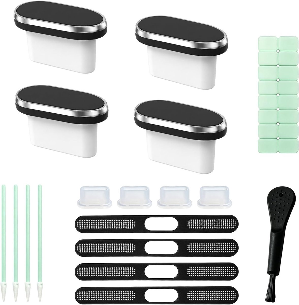 8 Stuks USB-C Stofdoppen en Luidsprekerbescherming voor MacBook Air, Oplaadpoortafdekking, Siliconen en Aluminium, Inclusief Reinigingsgel, Zwart