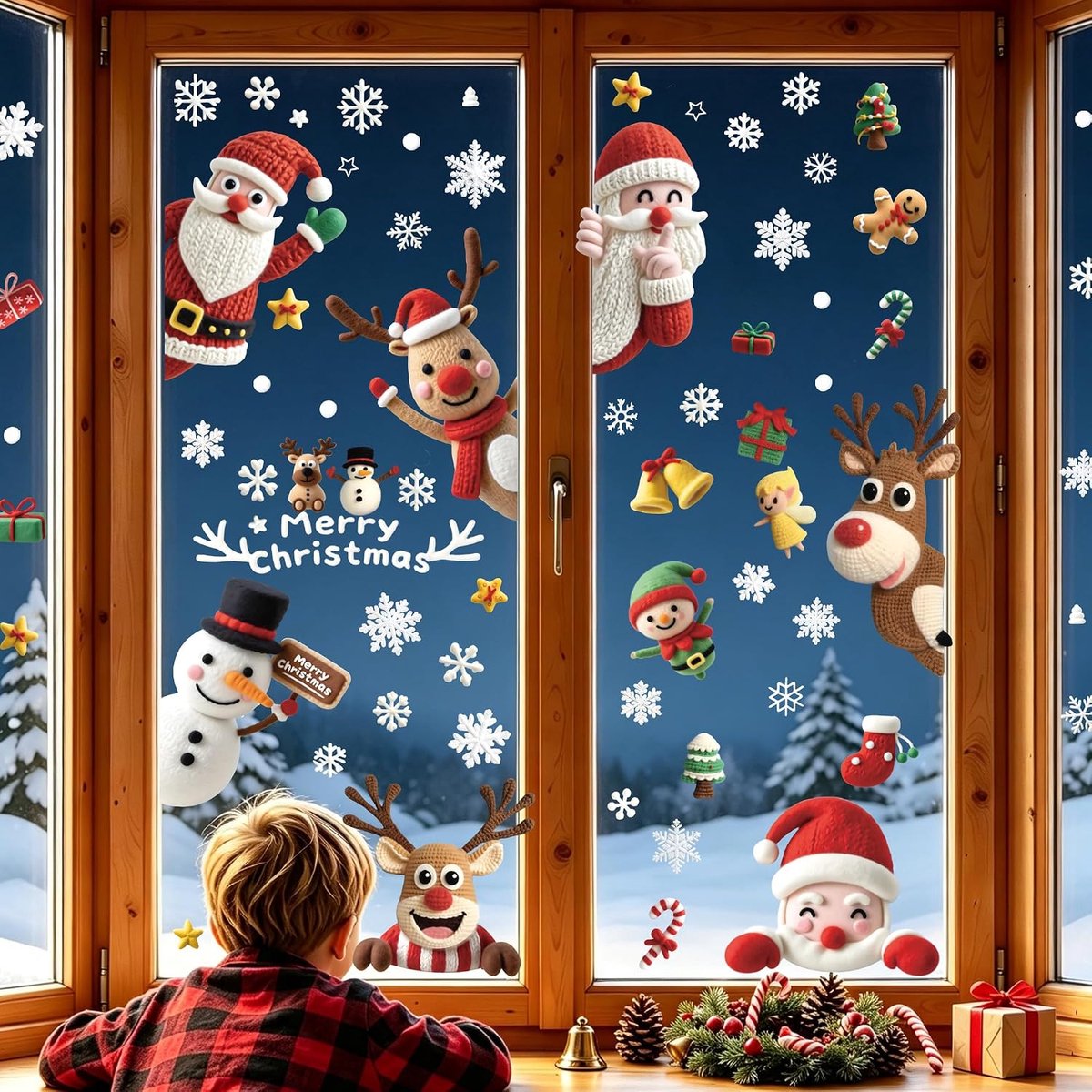 174 Kerstraamstickers met 3D-gebreid effect - Herbruikbaar dubbelzijdig met Kerstman, Eland, Strikjes, Raamdecoratie - ShopVlot