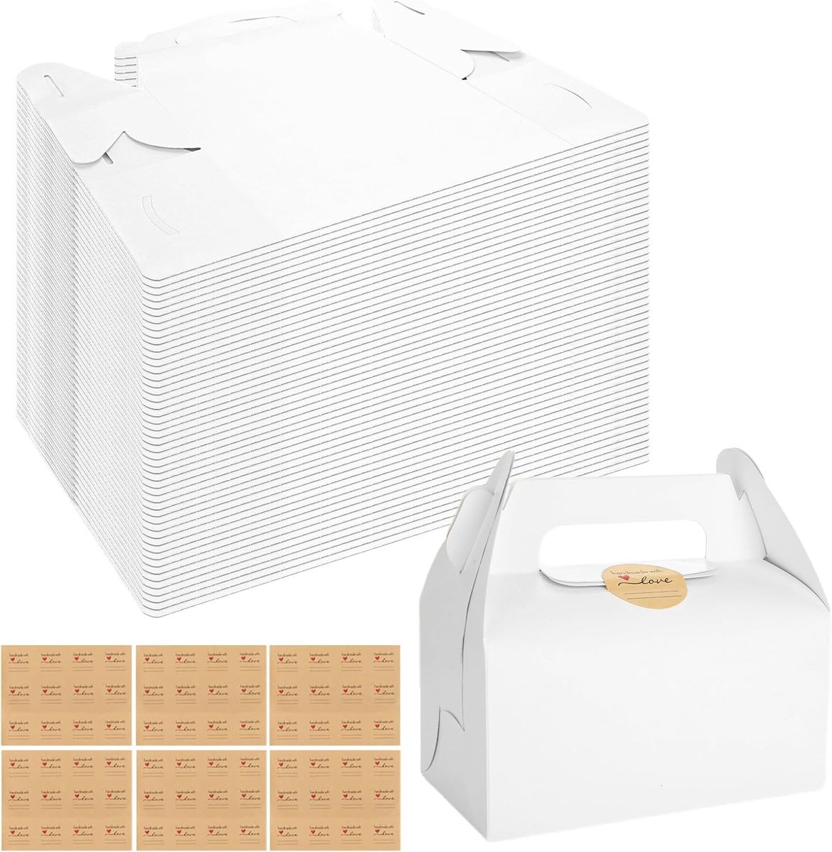 50 Stuks Cupcake Dozen met Handvat en Stickers voor Verpakking en Transport van Koekjes, Gebak en Zoetigheden - 16 x 9.2 x 8.5 cm