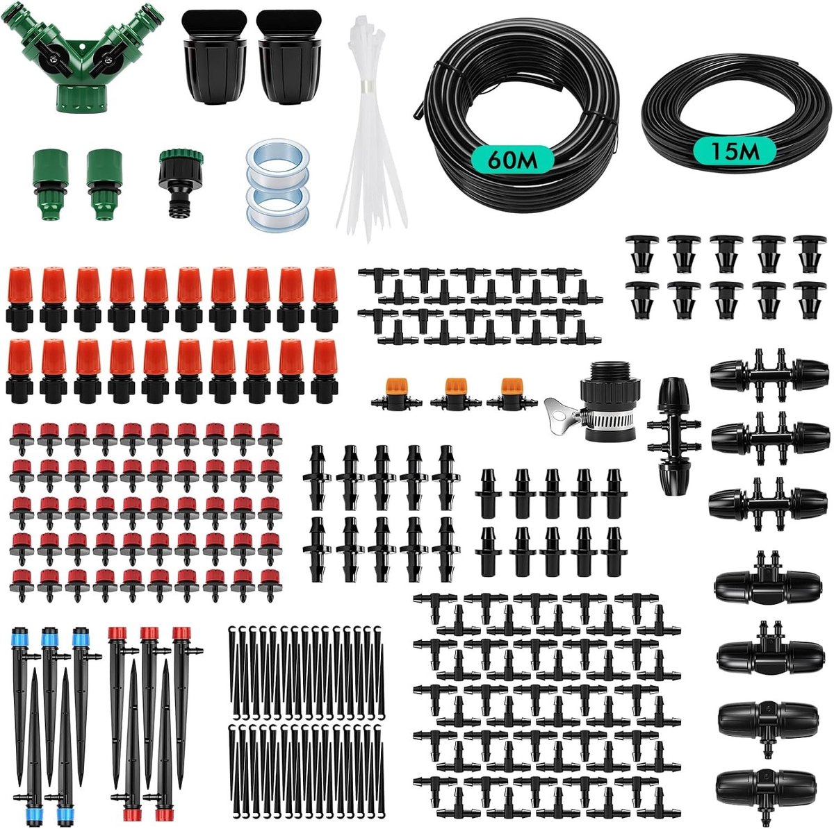 Complete Tuinirrigatieset met 315 Onderdelen en 60 m + 15 m Dubbele PVC Waterleidingen voor Bloembedden, Landschap en Terrasplanten
