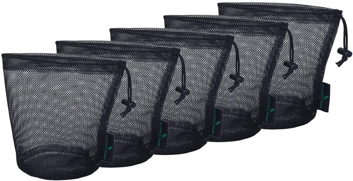 Zwarte Mesh Tas van Nylon - Duurzame Trekkoord Netzak voor Reisbenodigdheden, Cosmetica en Outdoor Gereedschap - Set van 5 Stuks