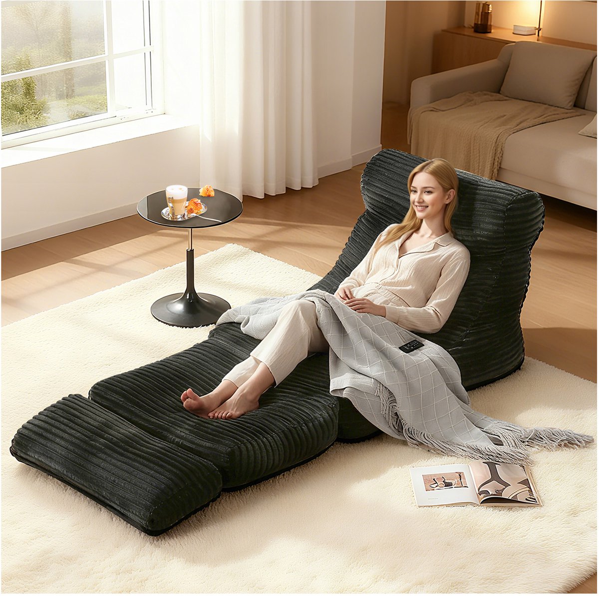 Wishdor Modulaire loungestoel loungebed - 2-in-1 - Met rugleuning en voetsteun - Ribstof met schuimvulling - Binnen - Voor lezen en rusten - Zwart - 190 cm