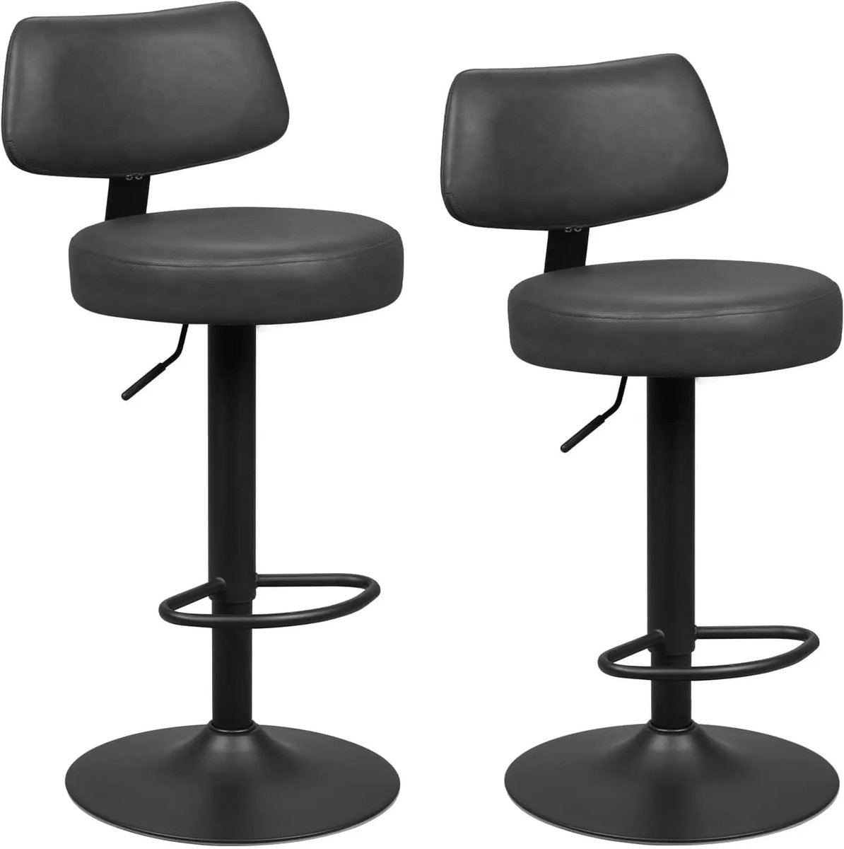 Klarven® Barkrukken met Rugleuning Antraciet - Set van 2, Hoogte Verstelbaar en 360 Graden Draaibaar, Ergonomisch Zitkussen - Kunstleer en Metaal - B 41 x D 48 x H 84-109 cm
