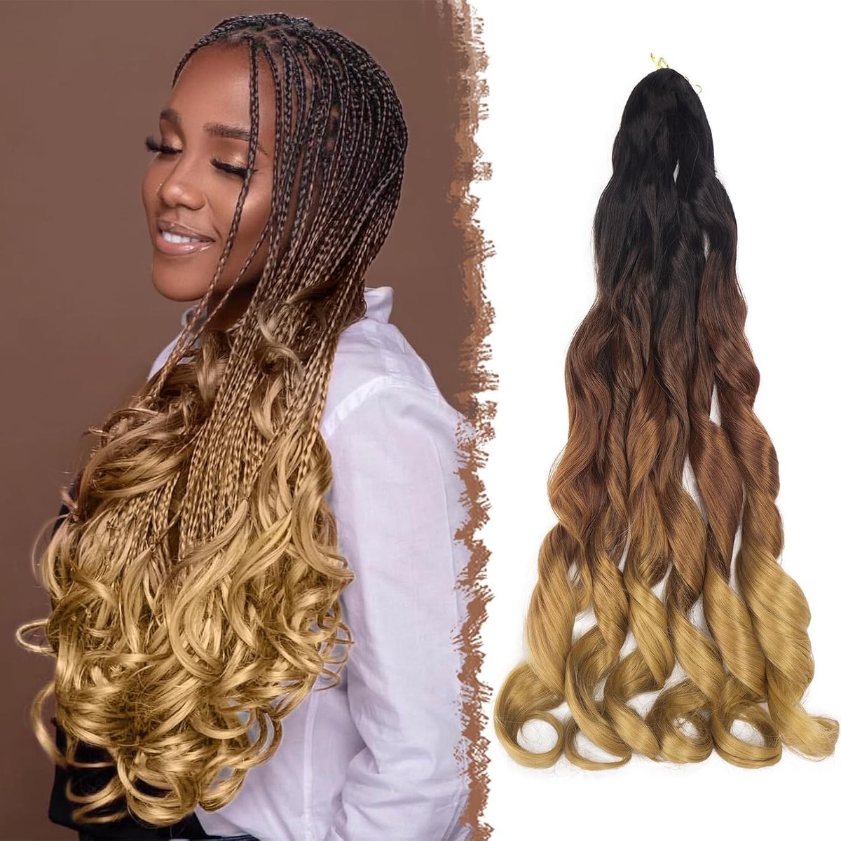 French Curls Haarverlengingen - 3 Pakketten Losse Golf Braid Haar, 60cm Ombre Zwart/Aubergine/Gouden Bruin, Perfect voor Vlechten en Stijlen