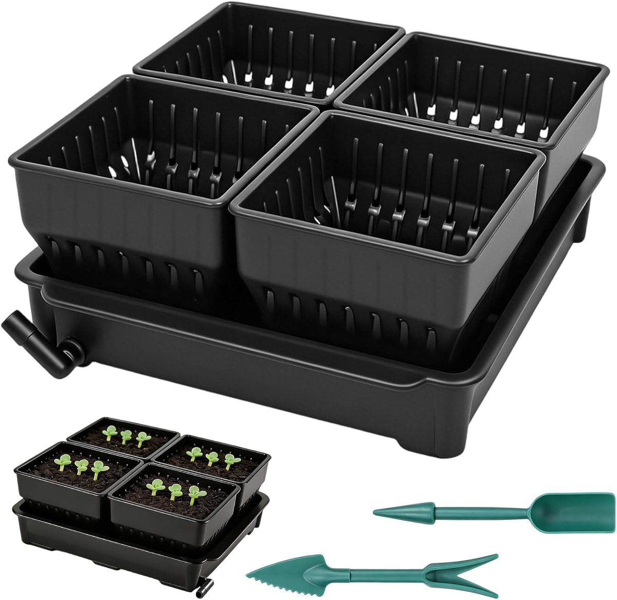Herbruikbare kleine plantenpot met drainagegaten en schotel, ideaal voor kieming, tuinieren en kinderdagverblijven - zwart met planteninzet.