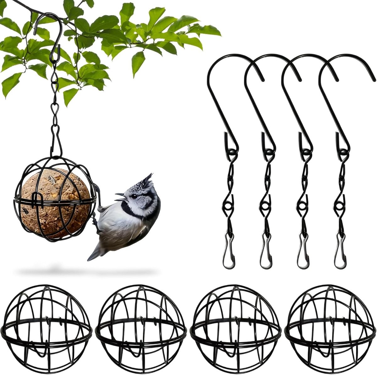 Vogelvoederstation voor buiten - 4 stuks, metalen vetbalhouder voor wilde vogels, voederhuisje en accessoires