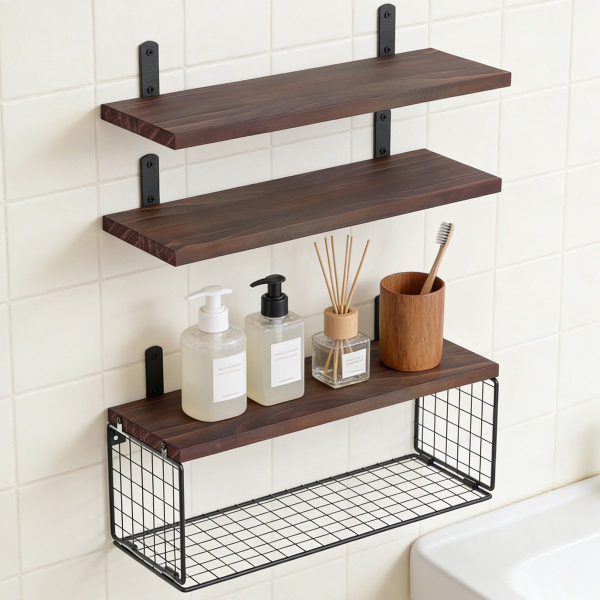 Wishdor Zwevende wandplankenset met draadmand - Massief grenenhout - Badkamerrek voor boven toilet - Industrieel en rustiek - Donkerbruin - L 42 x B 16 x H 7 cm