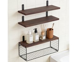 Wishdor Zwevende wandplankenset met draadmand - Massief grenenhout - Badkamerrek voor boven toilet - Industrieel en rustiek - Donkerbruin - L 42 x B 16 x H 7 cm