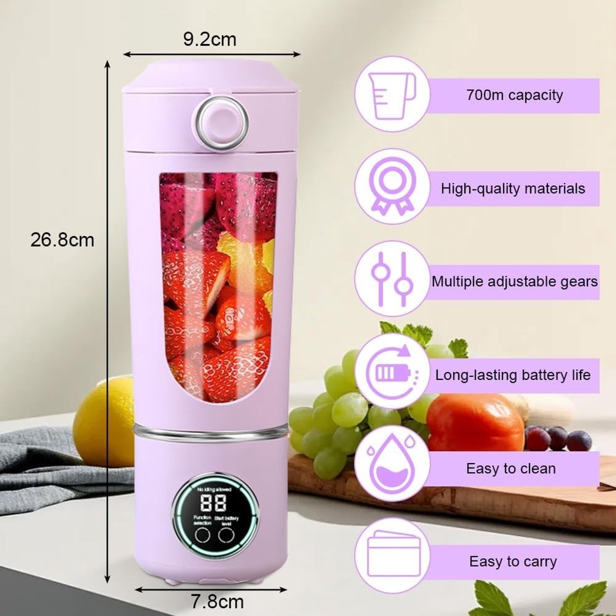 Krachtige 700ml Blender voor Smoothies en Shakes met 12 RVS Messen en Digitale Display, Draagbaar en Oplaadbaar voor Thuis, Fitness en Reizen